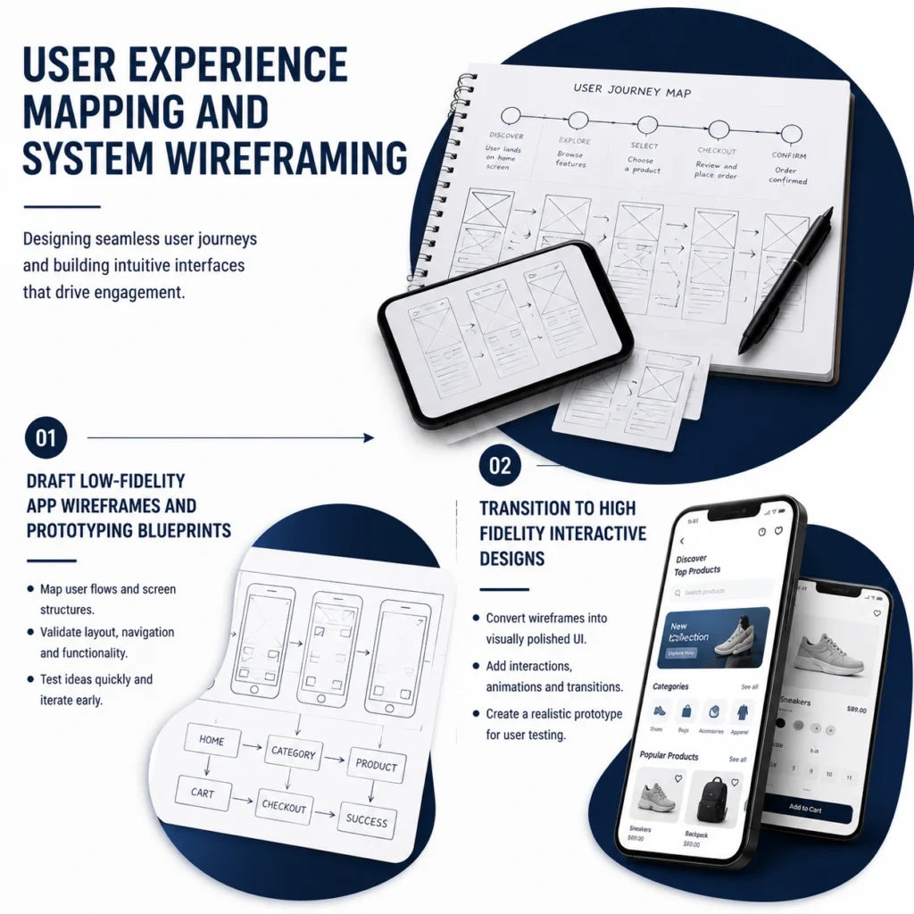 Mobile App Development Process showing user experience mapping and system wireframing with low-fidelity app wireframes, prototypes, and high-fidelity interactive designs.