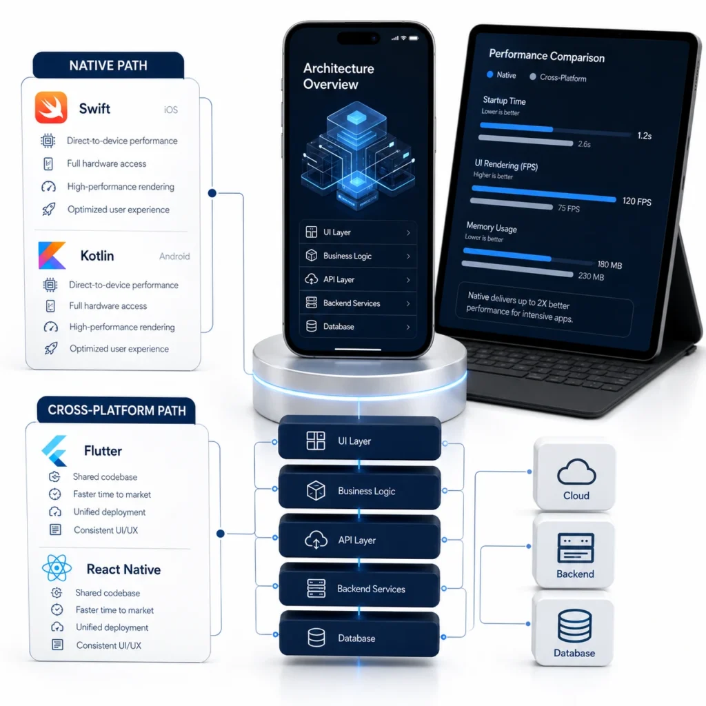 Core tech stack choices and system architecture showing native and cross-platform mobile app development paths with performance comparison.
