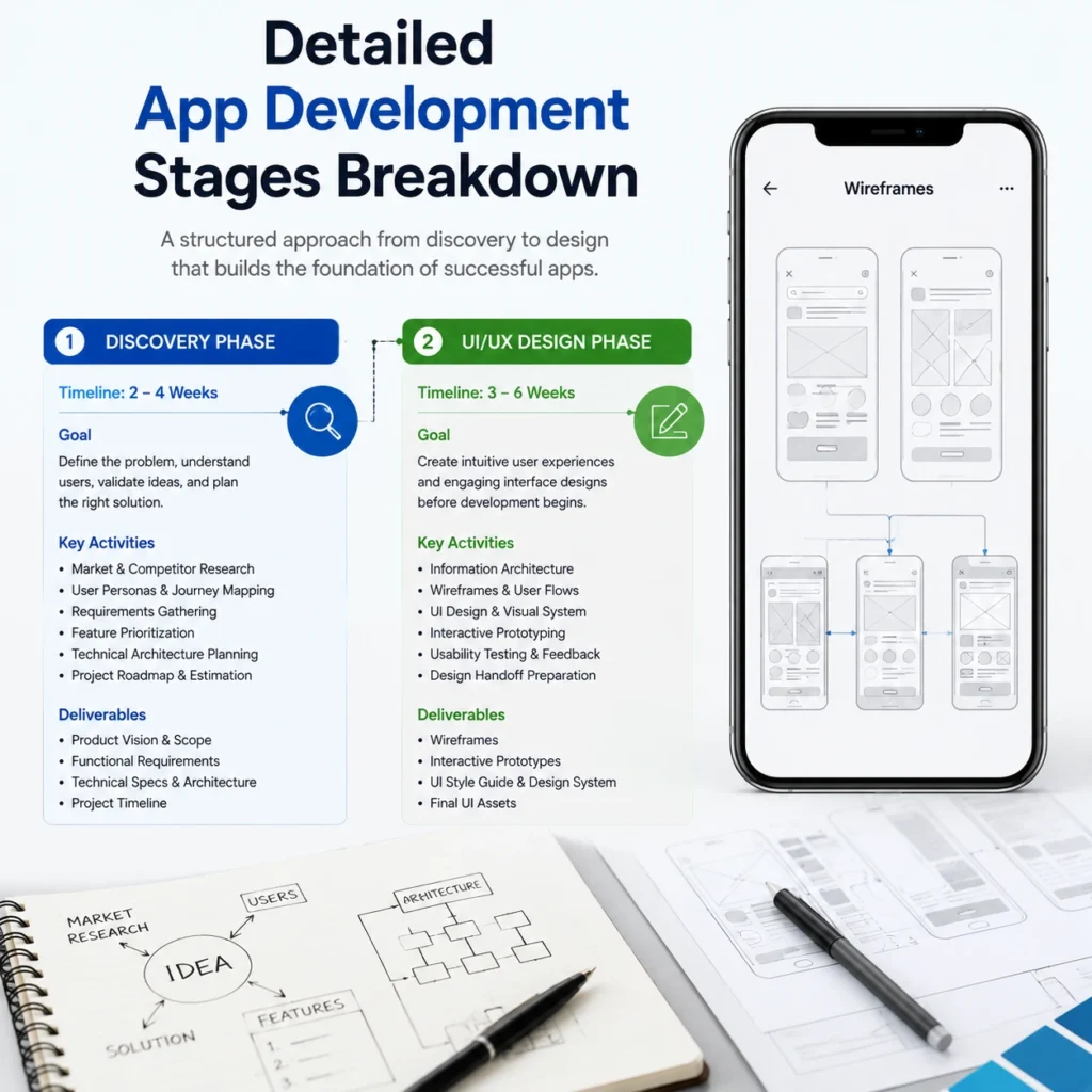 Build a Custom App development stages breakdown showing the discovery phase timeline, UI UX design process, wireframes, and planning steps for successful mobile app development.