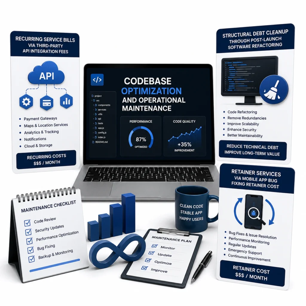 Codebase optimization and operational maintenance for mobile apps with API fees, software refactoring, and bug fixing