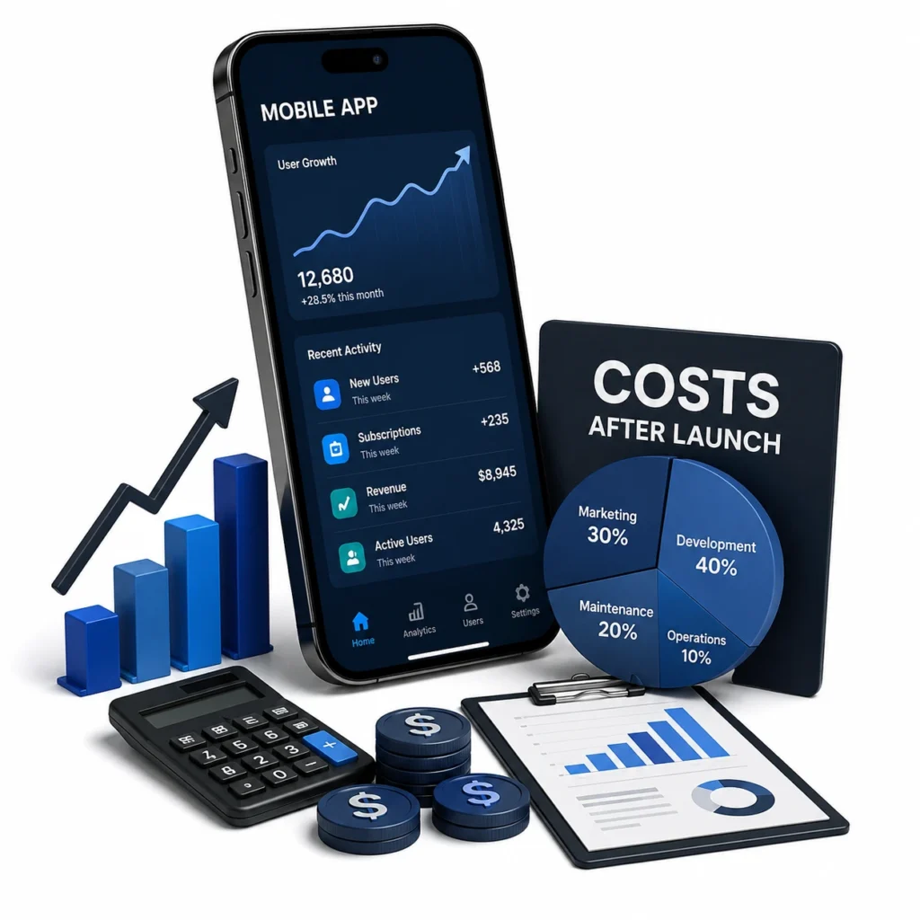 Costs after launch of a mobile app with ongoing development, marketing, maintenance, and operational expenses