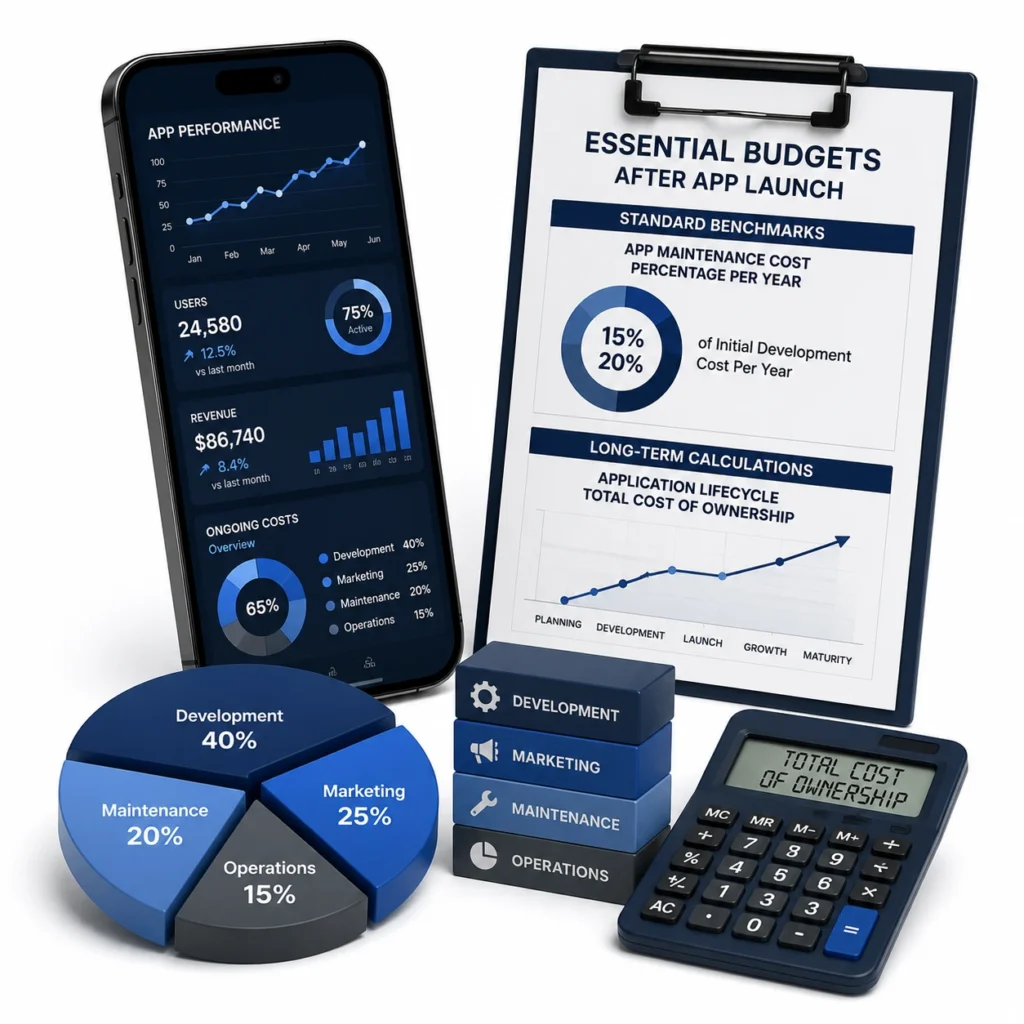 Costs after launch of mobile app including annual maintenance budgets and total cost of ownership