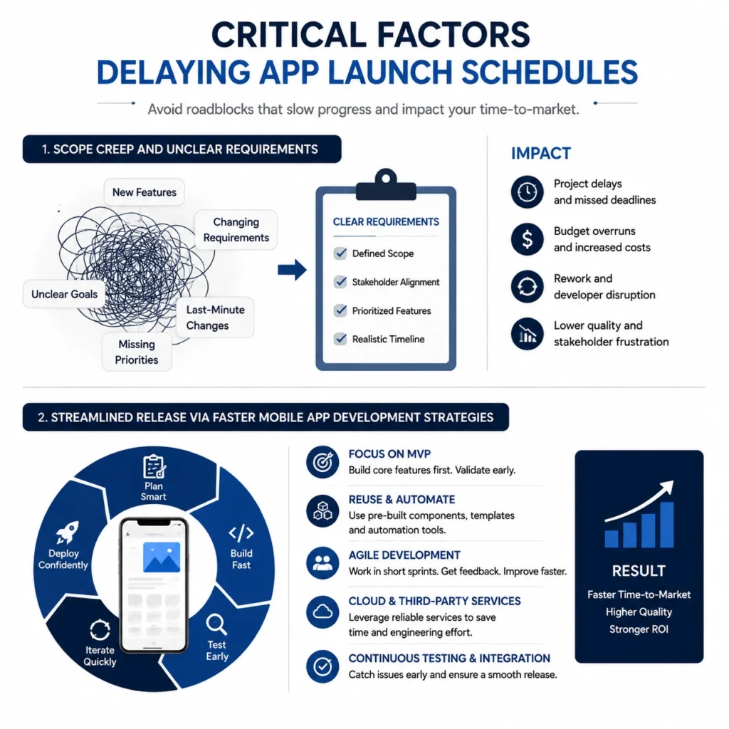 Critical factors delaying Build a Custom App launch schedules, showing scope creep, unclear requirements, agile strategies, and faster mobile app development approaches.