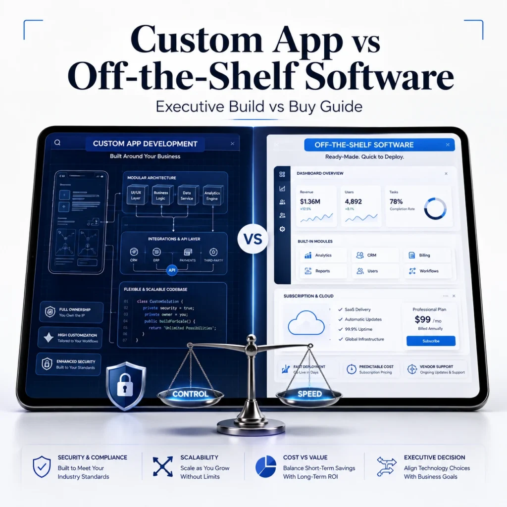 Custom App vs Off-the-Shelf Software comparison image showing executive build vs buy decision factors, including ownership, speed, security, scalability, and cost.