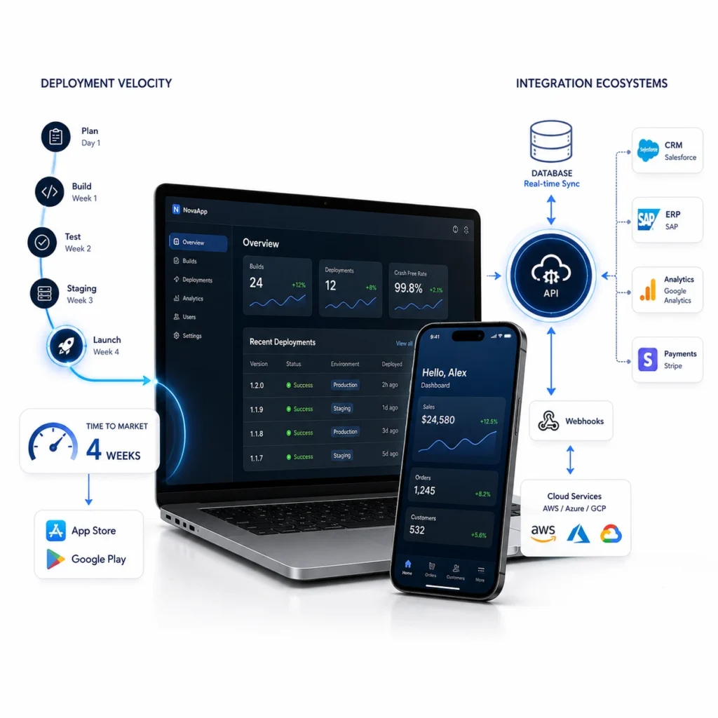 Deployment velocity and integration ecosystems in Custom App vs Off-the-Shelf Software, showing rapid launch timelines, app deployment workflows, API integration, and real-time database sync.