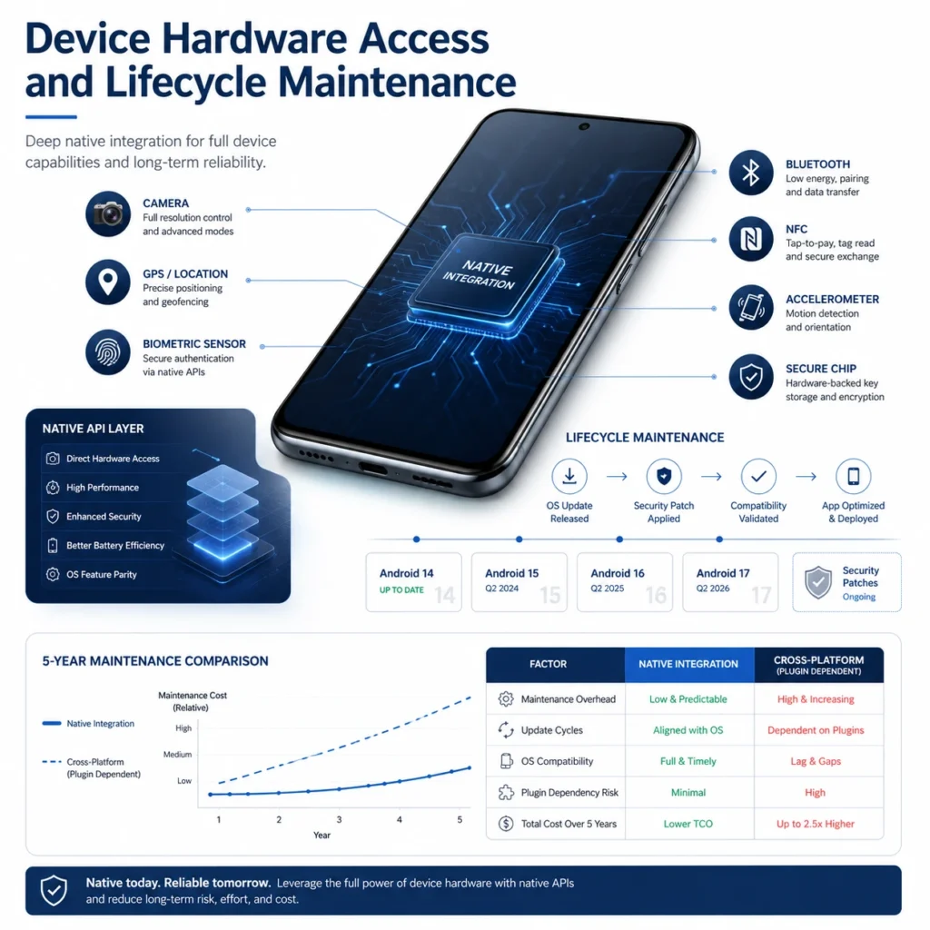 Technologies Used in Mobile App Development showing native API hardware access, device sensors, security, lifecycle updates, and maintenance cost comparison.