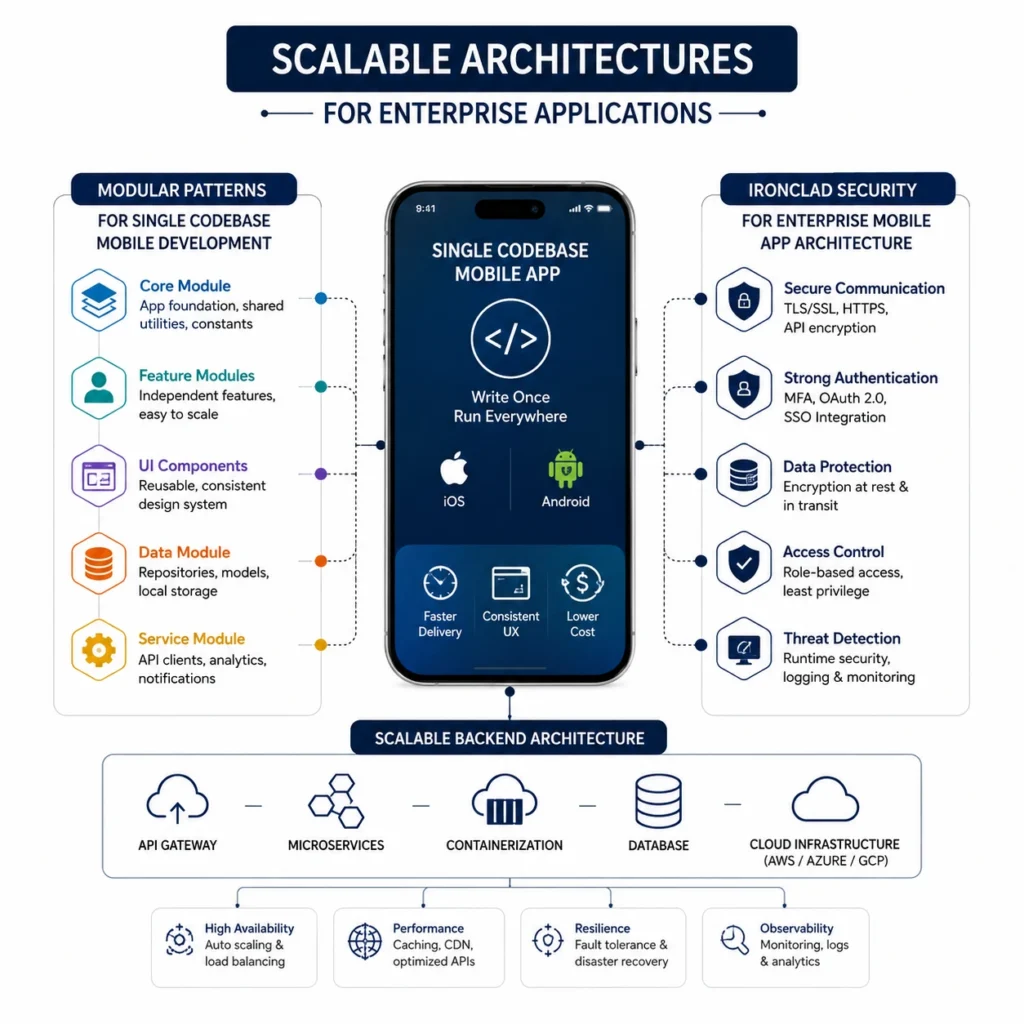 Technologies Used in Mobile App Development showing scalable enterprise architecture, modular single codebase design, backend services, and mobile app security.