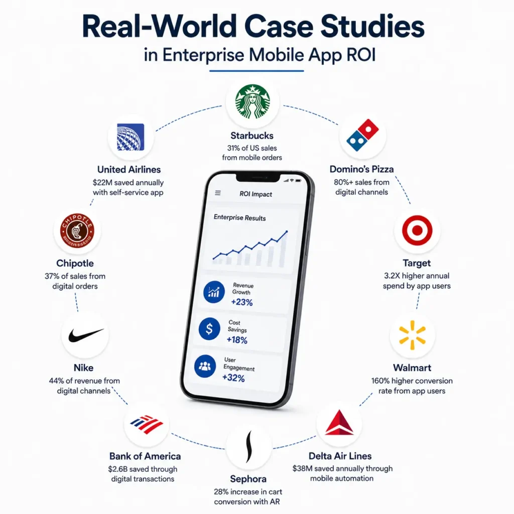 Real-world enterprise mobile app ROI case studies showing revenue growth, user engagement, cost savings, and faster payback.