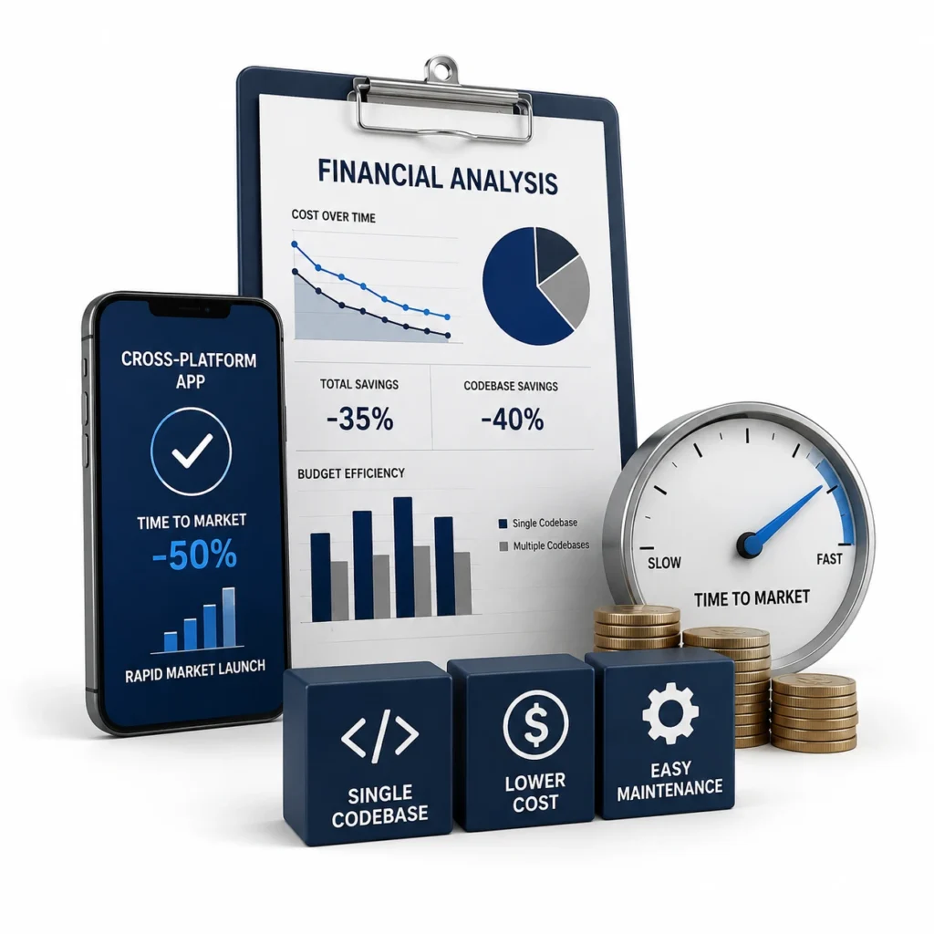 inancial analysis and development velocity showing cost efficiency, single codebase savings, rapid market launch, and Native vs Hybrid vs Cross-Platform development comparison