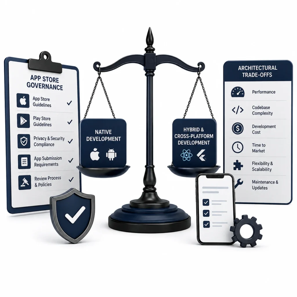 Financial analysis and development velocity showing cost efficiency, single codebase savings, rapid market launch, and Native vs Hybrid vs Cross-Platform development comparison