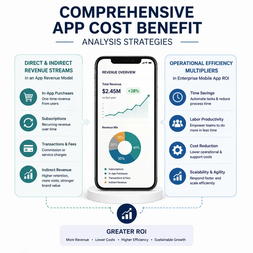 Mobile app cost-benefit analysis showing revenue streams, operational efficiency, cost reduction, and ROI growth.