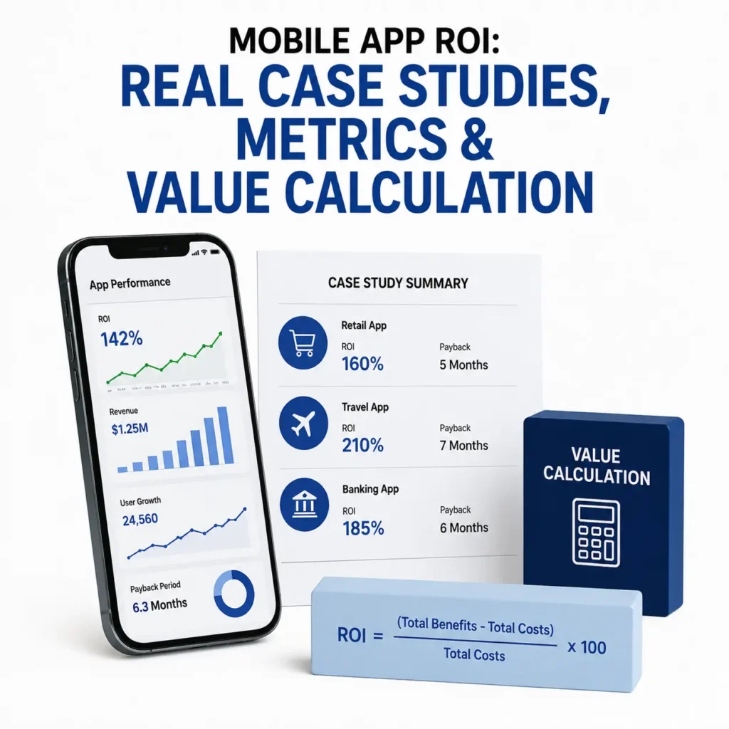 Mobile app ROI analysis showing case studies, key performance metrics, revenue growth, and value calculation.