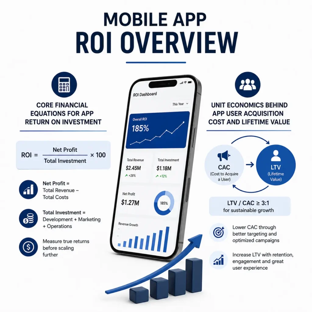 Mobile app ROI overview showing financial equations, user acquisition cost, customer lifetime value, and sustainable app growth.