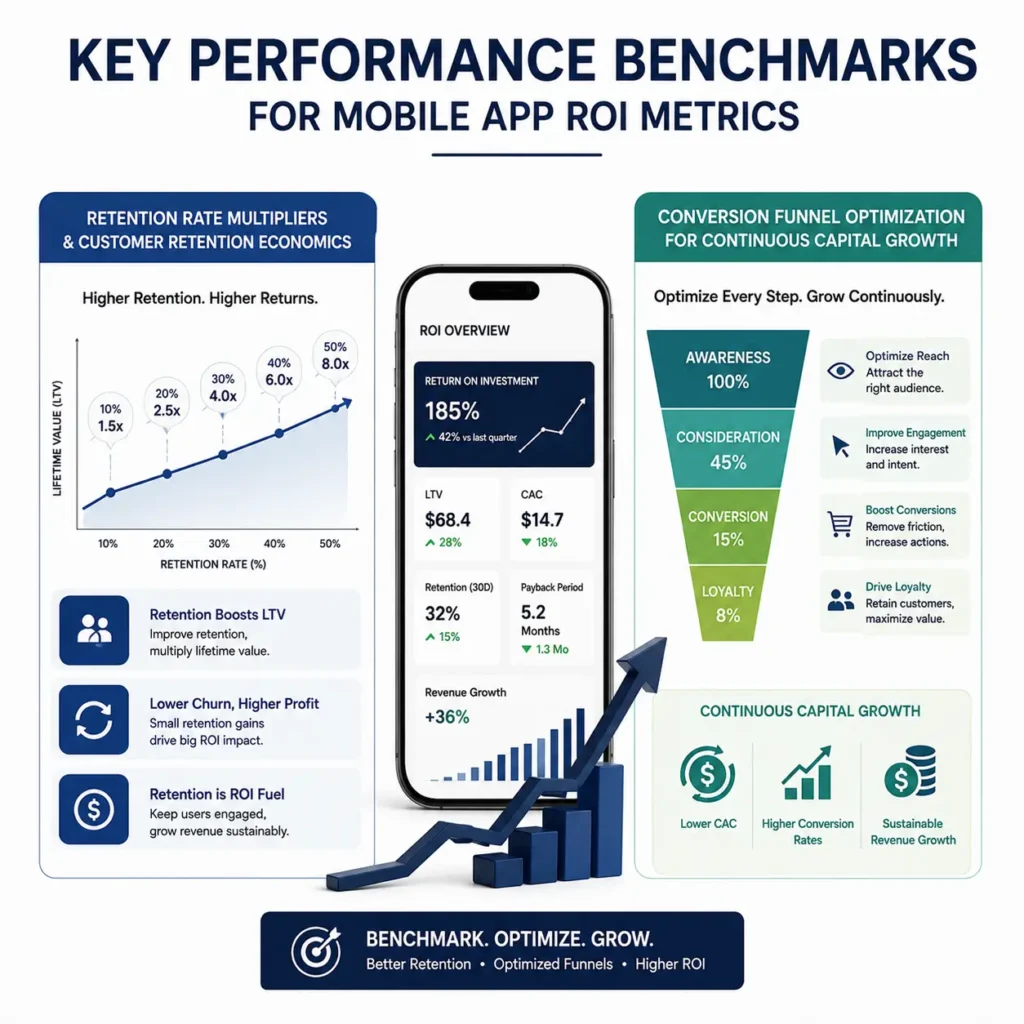 Mobile app ROI performance benchmarks showing retention rates, customer lifetime value, conversion optimization, and revenue growth.