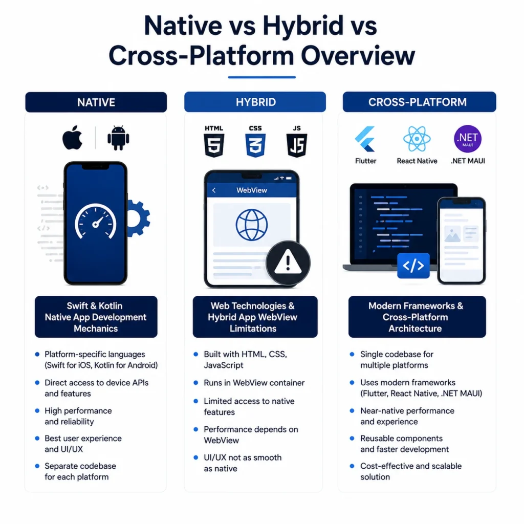 Native vs Hybrid vs Cross-Platform comparison showing Swift, Kotlin, WebView technologies, and modern mobile frameworks