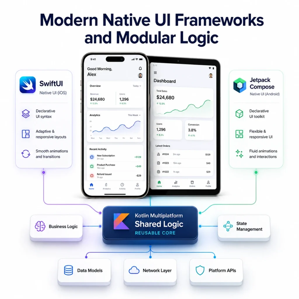 Technologies Used in Mobile App Development showing SwiftUI, Jetpack Compose, and Kotlin Multiplatform shared logic for modern native UI frameworks.