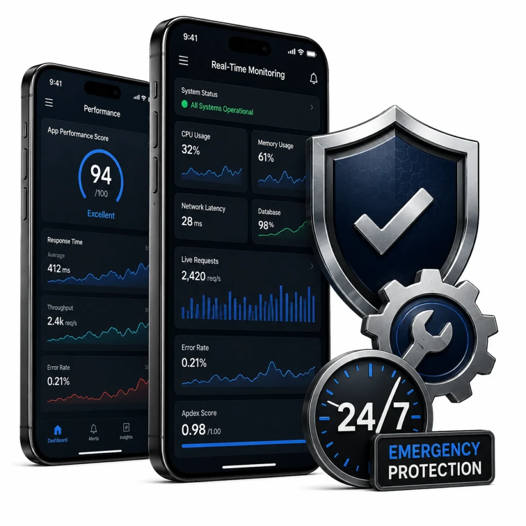 Real-time mobile app monitoring and emergency protection showing performance metrics and outage response for Costs after launch of mobile app