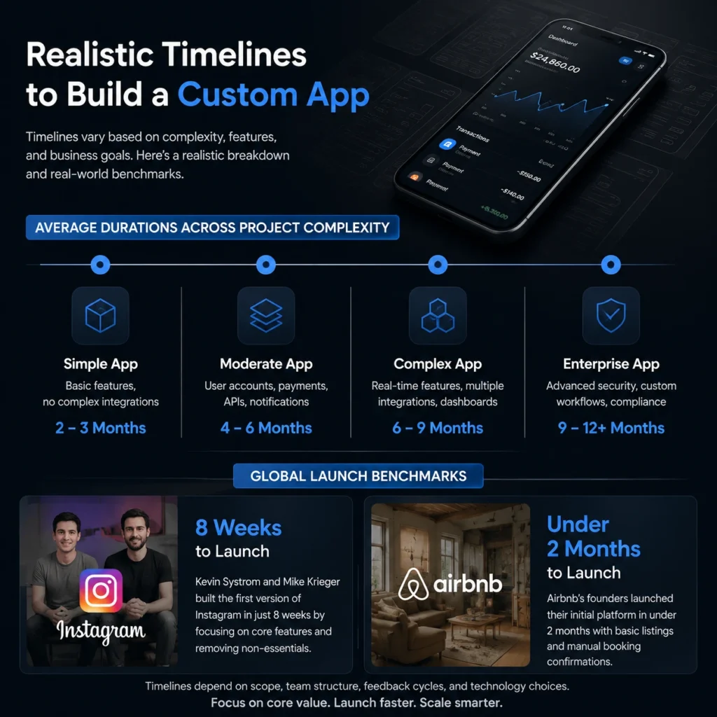 Realistic timelines to build a custom app showing project complexity stages, development durations, and global launch benchmarks from Instagram and Airbnb