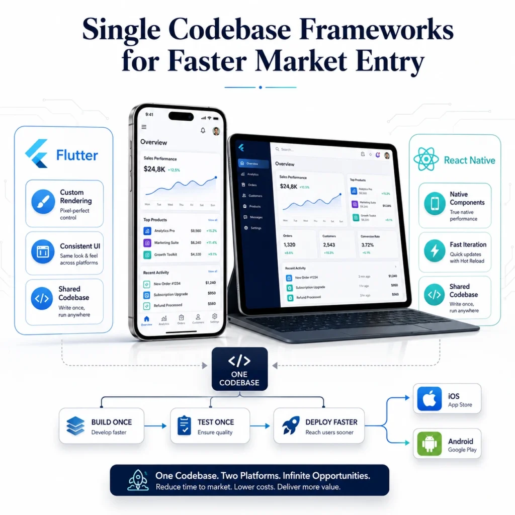 Technologies Used in Mobile App Development showing Flutter and React Native single codebase frameworks for faster iOS and Android deployment.