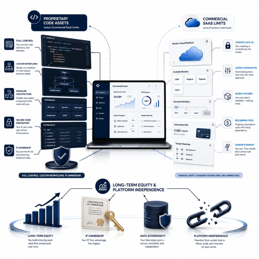 Strategic control and asset ownership comparison in Custom App vs Off-the-Shelf Software, showing proprietary code assets, SaaS limits, long-term equity, and platform independence.
