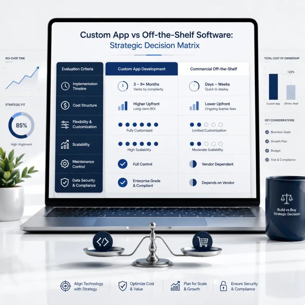 Strategic decision matrix for Custom App vs Off-the-Shelf Software comparing evaluation criteria, custom app development, and commercial off-the-shelf solutions.