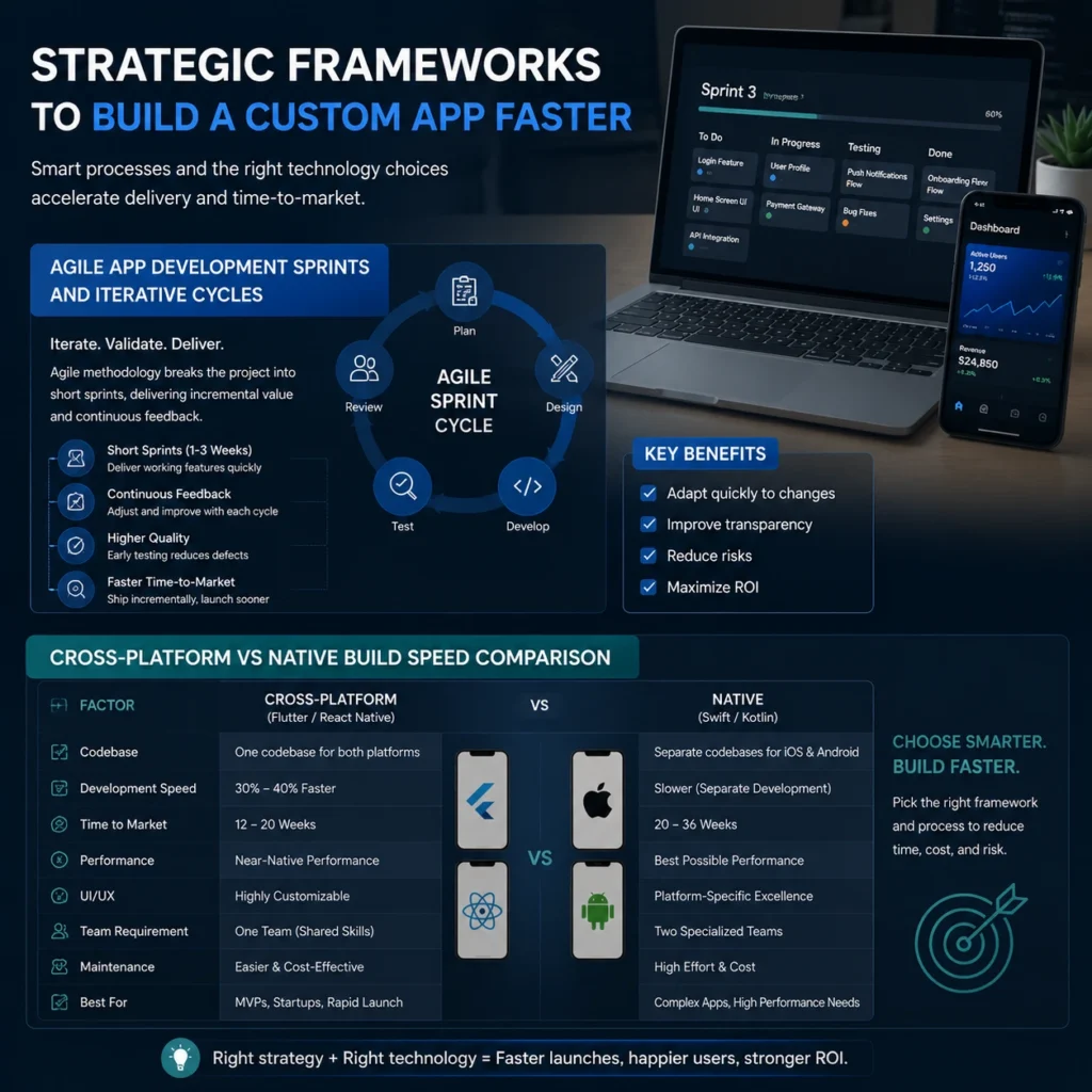 Strategic frameworks to Build a Custom App faster using agile development sprints, iterative cycles, and cross-platform versus native app development speed comparison.