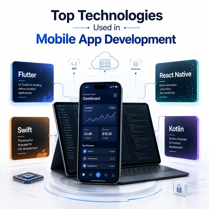 Top technologies used in mobile app development featuring Flutter, React Native, Swift, and Kotlin with modern mobile devices.