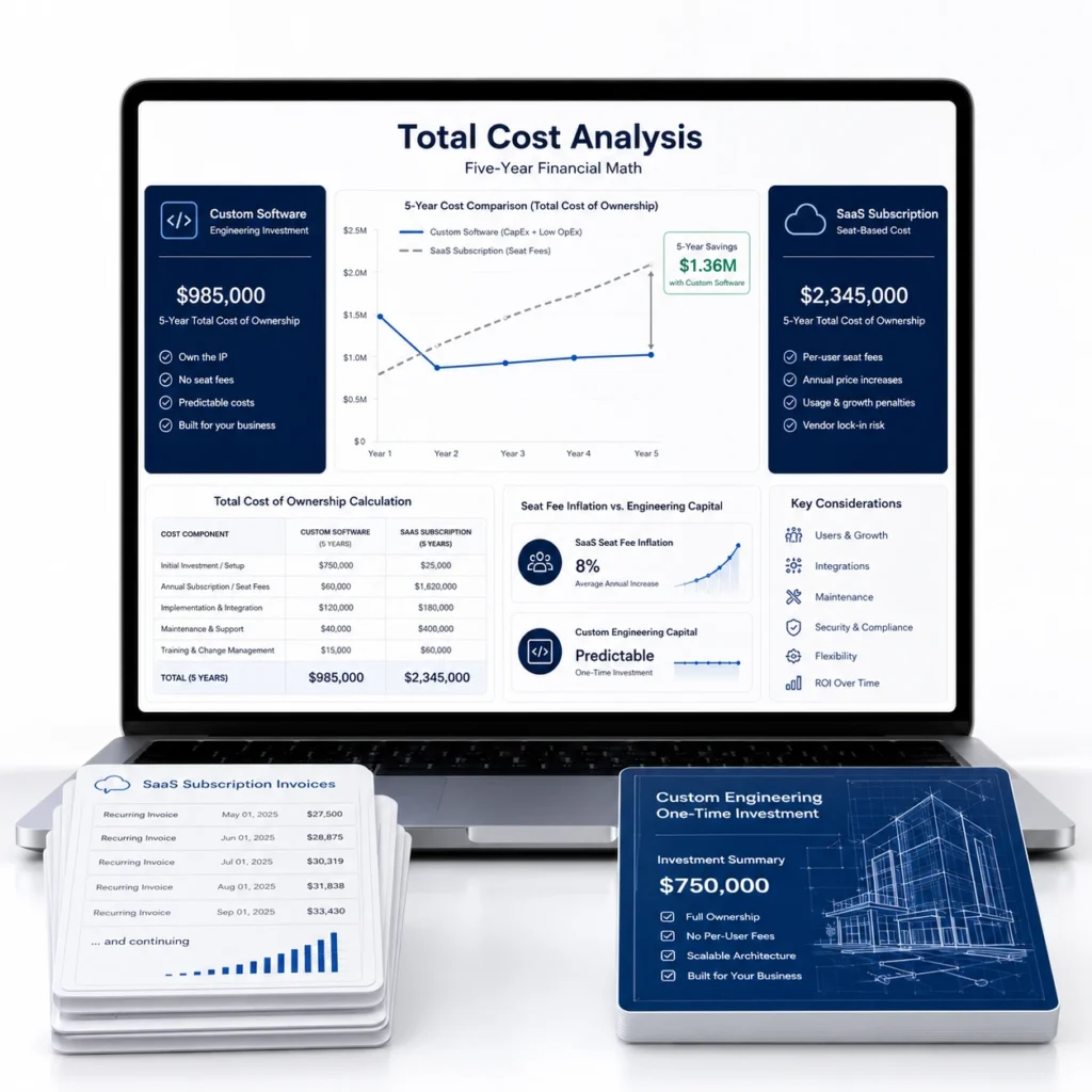 Total cost analysis and five-year financial comparison in Custom App vs Off-the-Shelf Software, showing TCO calculation, SaaS seat fee inflation, and custom engineering investment.
